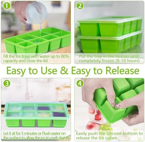 Large Ice Cube Trays 2 Pack, Silicone Easy-Release and Flexible Ice Cube Molds with Lids,1.8" Big Square Cubed Ice Trays for Whiskey and Cocktail, BPA Free and Dishwasher Safe (Green)