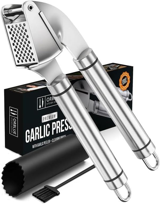 MAMALADY Garlic Press Stainless Steel Set Professional Grade Garlic Press Mincer Peeler Dishwasher Safe