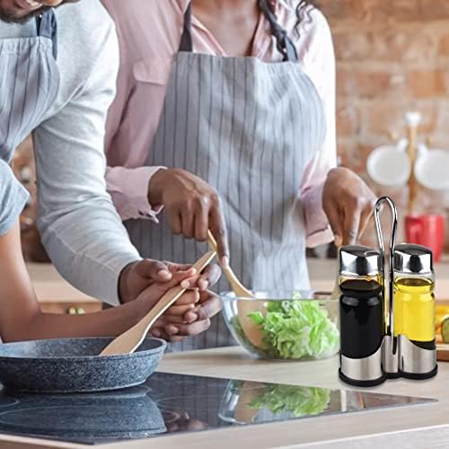 Oil and Vinegar Dispenser Set with Stainless Steel Holder,Clear Glass Olive Oil Dispenser Bottle