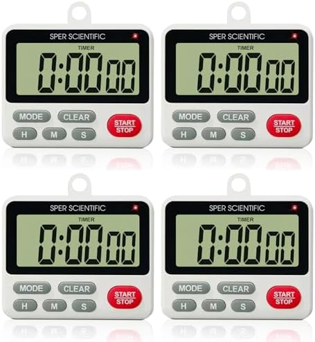 Sper Scientific 24-Hour Digital Lab + Kitchen Timer with LED Light 810001 - Precision Countdown Timer with Large Display, Loud Alarm & Clock Mode - for Cooking, Lab Experiments & More - 4 pc