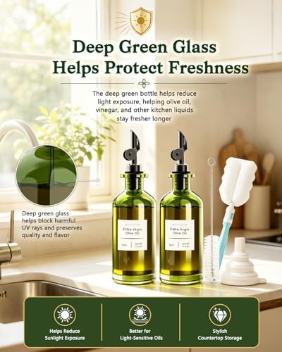 COOLMI Olive Oil Dispenser Set of 2, Dark Green Glass Bottles, 12 oz