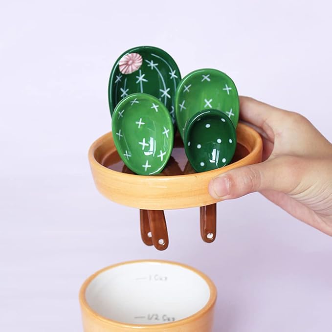 Ceramic Cactus Measuring Spoons with Holder Set of 5 Baking Measuring Spoons for Wet & Dry Ingredients Cactus Figurine Dishwasher Safe Mixed Colors 1 Tbsp 1 TSP 1/2 TSP 1/4 TSP 1 Cup Yellow