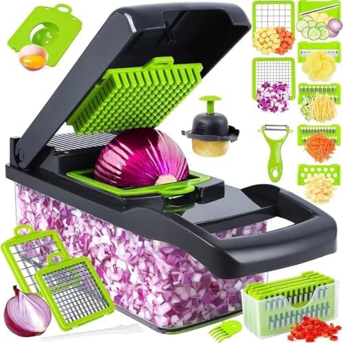15 in 1 Vegetable Chopper- Food Chopper Onions Vegetable Slicer Dicer, Veggie, Cheese Grate Cutter with 7 Blades for Carrot Salad Garlic Potato slicer with Large Container Mandoline Kitchen Gadgets