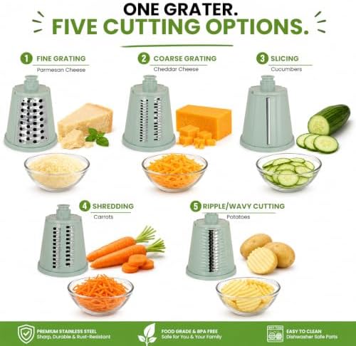 Rotary Cheese Grater Hand Crank, 5-Blade Shredder with Handle, Vegetable Slicer Mandoline Food Chopper, Strong Suction Base Kitchen Gadget for Cheese Vegetables Nuts – Green