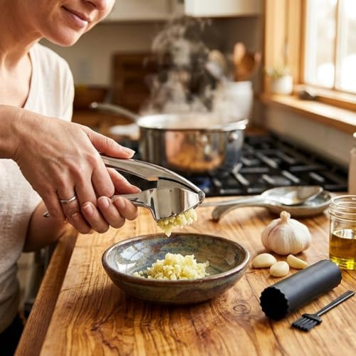 TAHINO Garlic Press Crusher & Mincer – Heavy Duty Zinc Alloy Garlic Press, Ergonomic Easy Squeeze Handheld Garlic Crusher Tool, Rust Resistant Kitchen Garlic Mincer