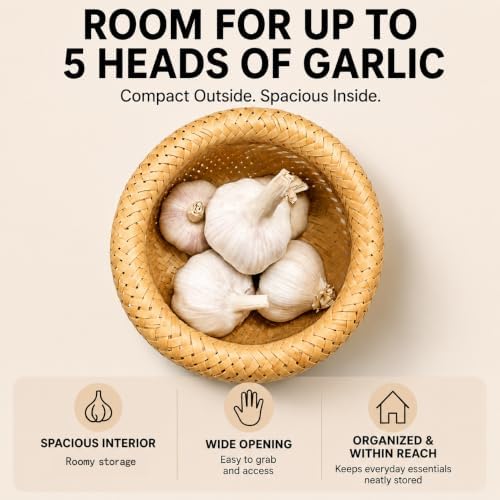 Garlic Keeper with Lid for Counter, Handwoven Bamboo Storage Container
