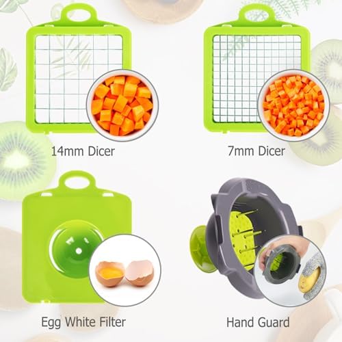 Vegetable Chopper, Onion Chopper, 10 in 1 Multifunctional Chopper With 8 Blades Veggie Chopper and Slicer, Dicing Machine, Carrot Chopper for Salad Potato Carrot Garlic（Gray-Green）, WG01-KLBK