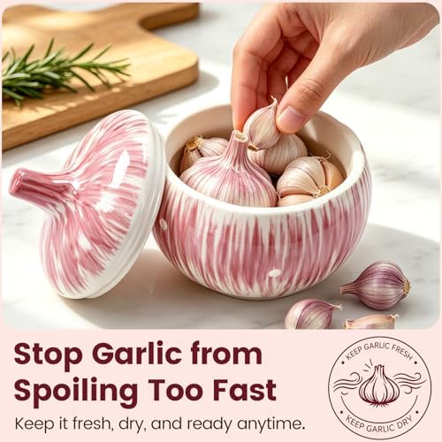 Purple Ceramic Garlic Keeper for Counter – With Lid & Vents, Garlic Holder Storage Container for Freshness – Large Capacity Garlic Saver – Cute Garlic Design – Also for Onion, Ginger – Kitchen Gift