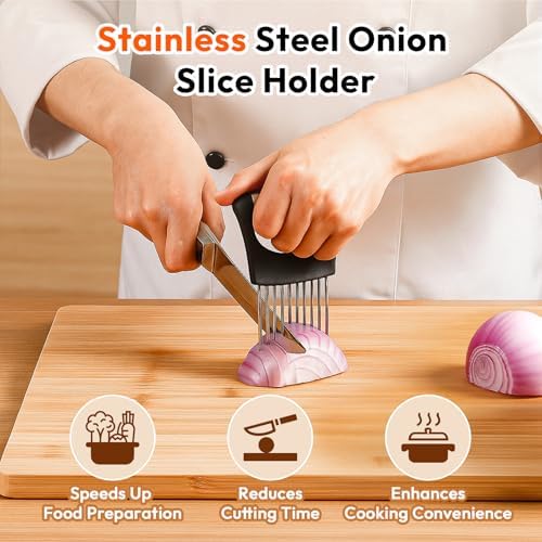 Upgraded Onion Holder for Slicing, Stainless Steel Lemon Slicer Onion Cutter for Slicing, Vegetable Cutter for Potato and Tomato Avocados Eggs Meat Kitchen Chopper Slicings Assistant Tool (3 Pack)