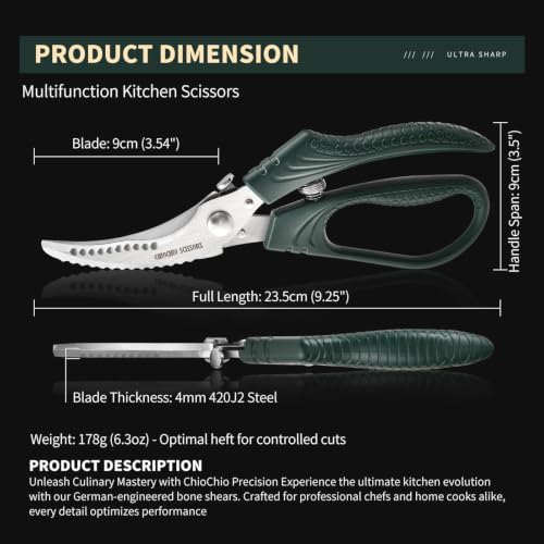 Poultry Shears，Heavy Duty Kitchen Shears with Anti-Slip Handle & Safety Lock，for Meat, Chicken, Bone, Turkey, Fish，Spring-Loaded, Dishwasher Safe