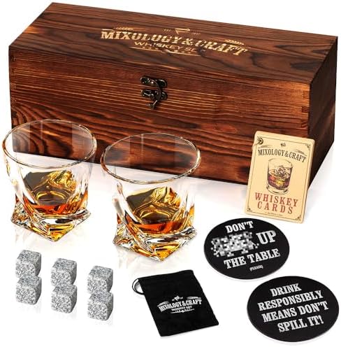 Mixology & Craft Whiskey Stones Gift Set - 12 Pieces (6 Granite Chilling Rocks, 2 10oz Old Fashioned Glasses, Coasters & Velvet Bag) In Wooden Box - Whiskey Gifts For Men, Whiskey Lover, Whiskey Set