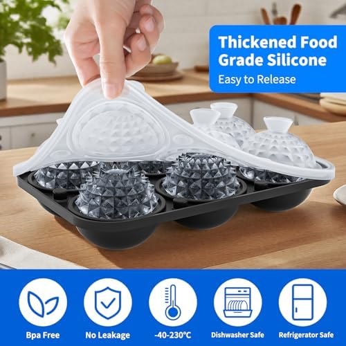 6 Chamber 1.83” 3D Crystal Round Ball Ice Cube Tray With Funnel,Large Circle Ice Molds Silicone Fun Shapes Whiskey Sphere Ice Tray,For Chilling Whiskey,Cocktails,Bourbon,Brandy and Beverages