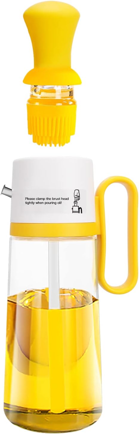 Oil Dispenser Bottle with Silicone Brush, 2 in 1 Dropper Measuring Glass Oil Bottle for Kitchen BBQ Grill Baking Air Fryer Oven (Yellow)