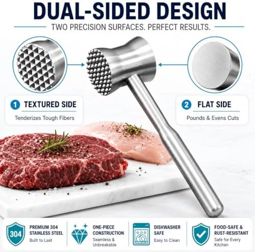 Meat Tenderizer Tool, 304 Stainless Steel Dual-Sided Meat Mallet