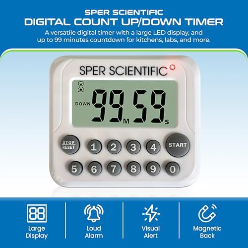 Sper Scientific Digital Count Up/Down Timer with Audible & Visual Alarm 810003 – Timer with Large Display, Loud Alarm & Up to 99 Minute Countdown - for Labs, Cooking, Workouts, Classroom & more - 2 pc