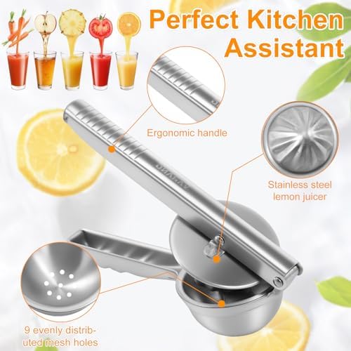 Stainless Steel Lemon Squeezer, Manual Hand Press Juicer with Ergonomic Handle, Garlic Press, Rust Proof Fruits Extractor for Citrus Orange Pomegranates Grapes Lemon Lime