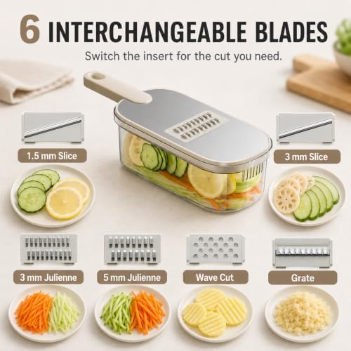 Mandoline Slicer, Vegetable Cutter, Container, Glove & Guard, 6-Blade