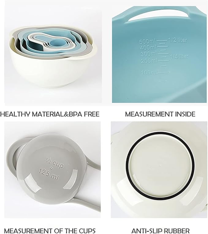 Plastic Nesting Bowls Set, 8 Pieces | 2 Mixing Bowls, Colanders, 4 Measuring Cups, Sifter for Baking, Food Prep, RV Camping Accessories
