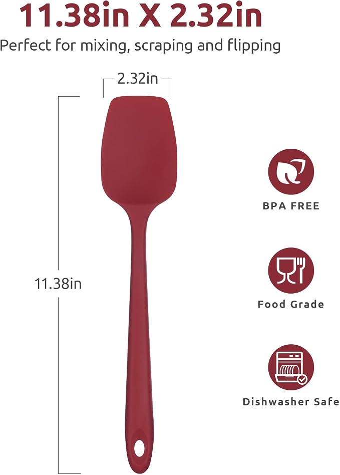U-Taste Silicone Cooking Spoon Spatula: 480ºF Heat Resistant Food Grade 11.38" Flexible Rubber Kitchen Spoonula, Seamless Pastry Bowl Scraper for Mixing Stirring Scraping in Nonstick Cookware (Red)