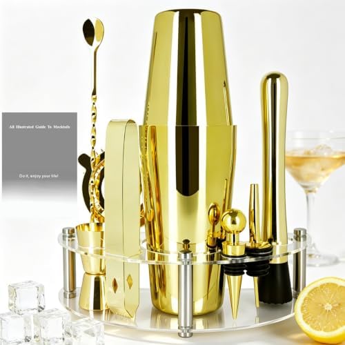 9-Piece Cocktail Shaker with Stand, 25oz Bartender Kit, Cocktail Shaker with Strainer Set, Boston Shaker Set, Bar Set Jigger for Bartending Drink Mixer Set, Cocktail Set Recipes (Gold-25/20oz)