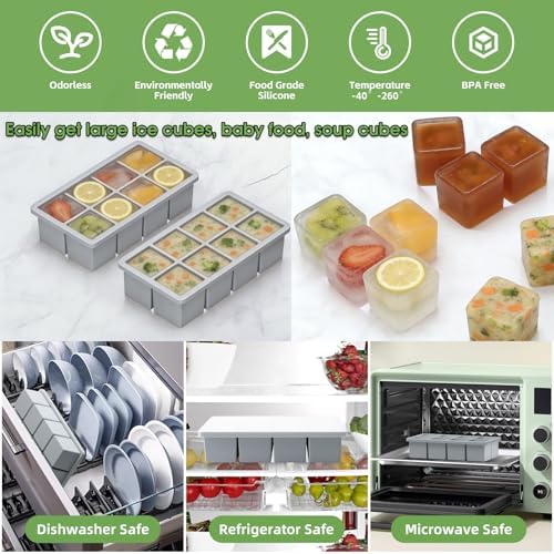 Large Ice Cube Molds, 2 Pack Easy Release Ice Trays for Freezer with Lid, Stackable Square Big Silicone Ice Cube Tray BPA Free Slow Melting for Bourbon Whiskey, Cocktails, Iced Coffee (Grey)