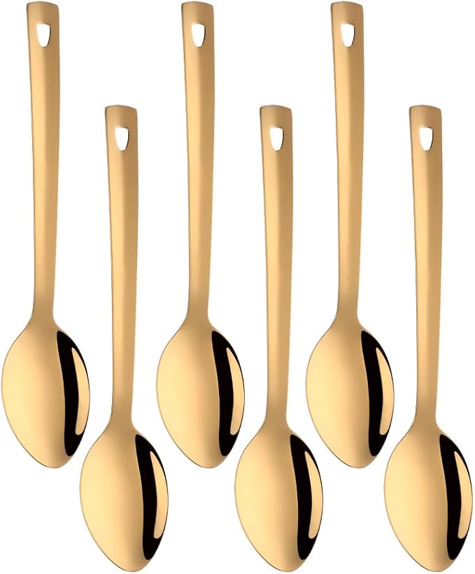 6 Pcs Gold Large Serving Spoon, Stainless Steel Titanium Plated Serving Spoons Set Mirror Finish for Elegant Buffet Banquet Party Holiday Dinner serving, Dishwasher Safe(13 inches/33.2cm)