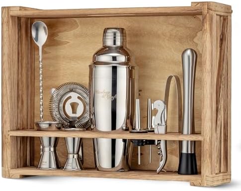 Mixology & Craft Rustic Cocktail Shaker Set – Includes Wood Stand, Complete Barware Kit with 24 Oz Shaker, Dual Jiggers, Pourers, Muddler, Strainer – Perfect for Home Bartenders (Silver)