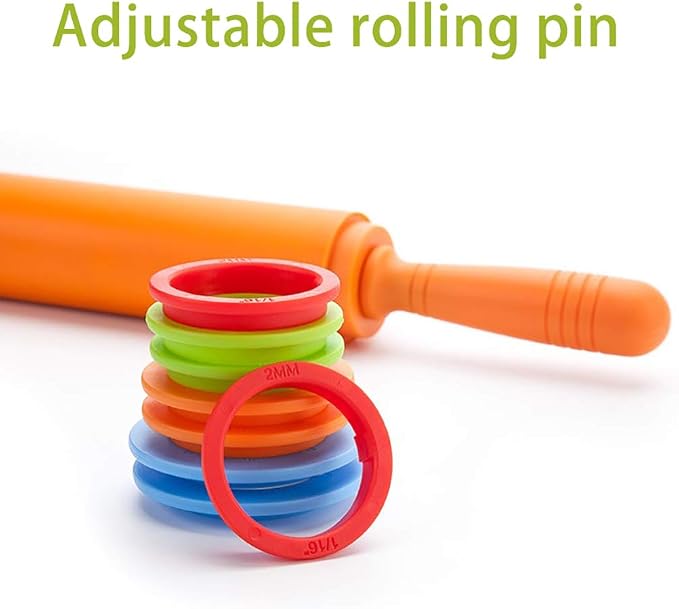 Rolling Pin, Rolling Pins with Adjustable Thickness Rings, Nonstick Silicone Dough Roller for Baking Pizza, Pie, Cookies
