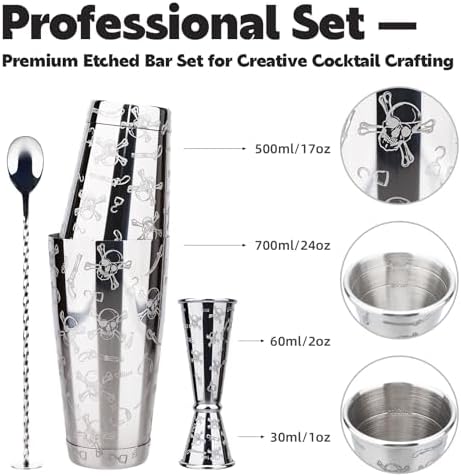 Boston Cocktail Shaker Etched Set, Jigger Spoon 17/24oz Skull
