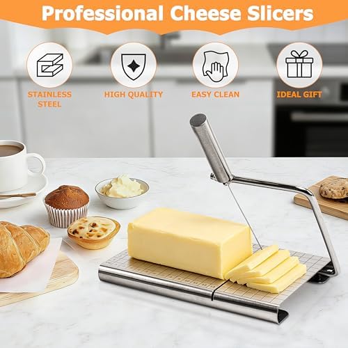 RedCall Cheese Slicer with 4 Piece Cheese Knives Set, Stainless Steel Cheese Cutter with Measuring Grids,Tightness Adjustable Wire Cheese Slicer for Block Cheese, with 5 Extra Wires