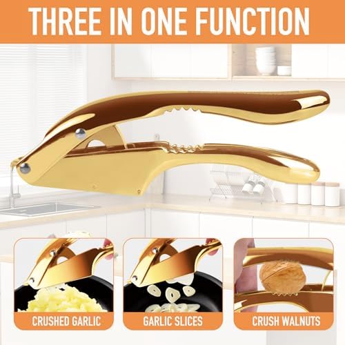 Garlic press and slicer 2 in 1,Effortlessly Crush, Slice, and Mince Garlic,with this Versatile Kitchen Tool - Perfect for Home Cooks and Professional Chefs Alike. (Golden)