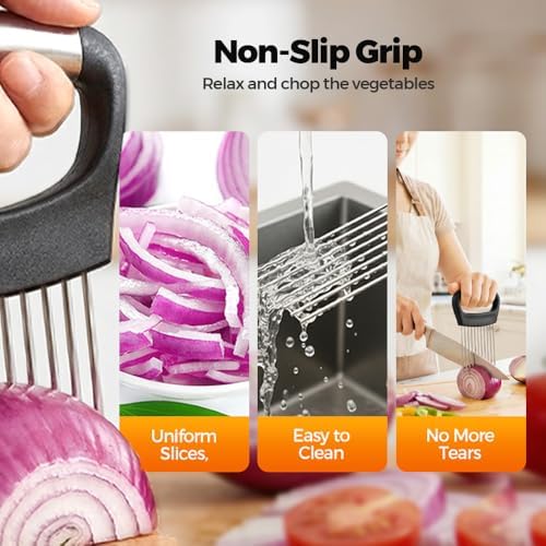 Onion Holder for Slicing, 2026 New Stainless Steel Onion Slicer Vegetable Chopper,Cutter for Meat, Onion, Potato, Tomato,Fruit,Food Slicer Assistant Tool,kitchen gadgets (Black 1PC)