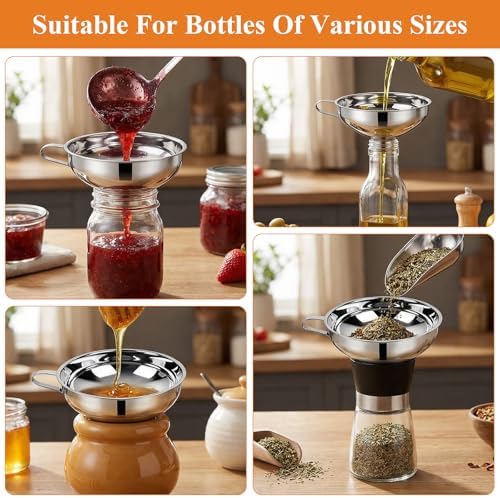 Supkiir 4 Pcs Stainless Steel Funnels with Fine Mesh Strainer, 1.4 Inch/2.1 Inch Stainless Steel Funnel for Kitchen Use, Wide & Narrow Mouth Canning Funnels Set for Spices Juices Powders Coffee Beans