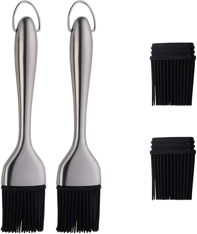 2 Pack Grill Basting Brush with 2 Pack Back Up Silicone Brush Heads, No Shed Bristles Stainless Steel Handles Heatproof Rust Resistant, Pastry Brushes for Kitchen Cooking BBQ (Silver)