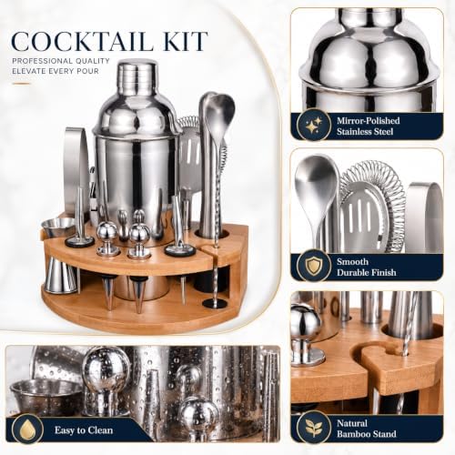 Cocktail Shaker Set with Bamboo Stand, 12-Piece 25oz Stainless Steel Bartender Kit, Martini & Margarita Bar Tools for Home Bar, Drink Mixer Set, Housewarming Gift, Silver