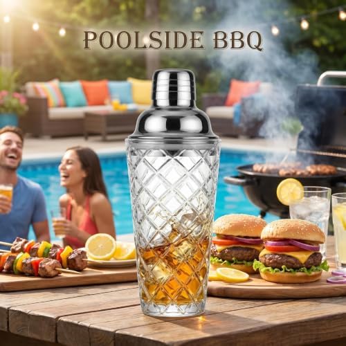 15oz Diamond-Cut Crystal Cocktail Shaker Clear Glass with Polished Stainless Steel Lid - Premium Bar Tool for Home Bartenders - Ideal for Cocktails, Mocktails, and More