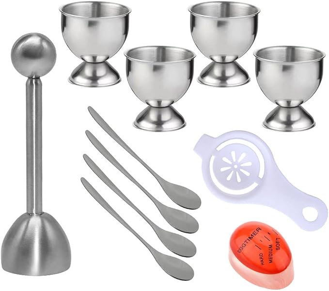 Egg Cracker Topper Set for Soft Boiled Eggs Includes 1 Stainless Steel Egg Topper 4 Egg holder cups 4 Egg Spoons 1 Egg Timer 1 Egg Yolk Separator