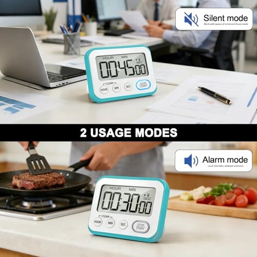 Digital Kitchen Timer Magnetic Loud Alarm, Large LCD Screen Silent/Beeping Multi-Function for Teachers Classroom Kids, Sky Blue