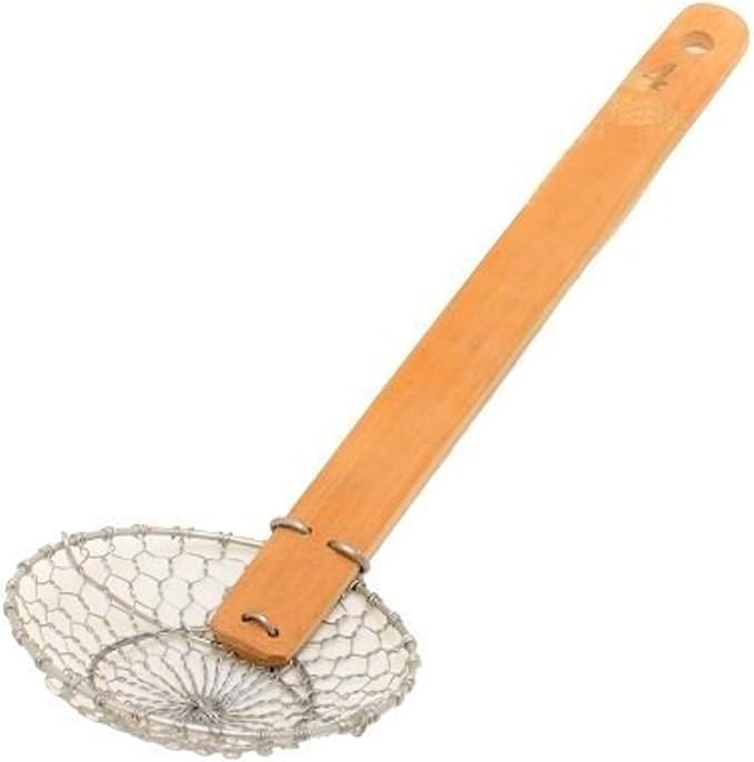 TrueCraftware- 4” Fine Mesh Skimmer Galvanized Steel with Natural Bamboo Handle- Spider Strainer Ladle Kitchen Frying Food Pasta Spaghetti for Cooking and Frying Pasta Strainer Spoon