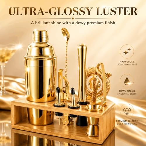 Gold Cocktail Shaker Set, Premium 18/8 Stainless Steel Mixology Bartender Kit with Stylish Bamboo Stand 10-Piece Bar Tools & Accessories for Home Bar for Men, Dad, Husband