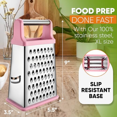 Spring Chef Stainless Steel Swivel Peeler & 4 Sided Handheld Box Grater, XL Size - 2 Product Bundle - Pink Lemonade