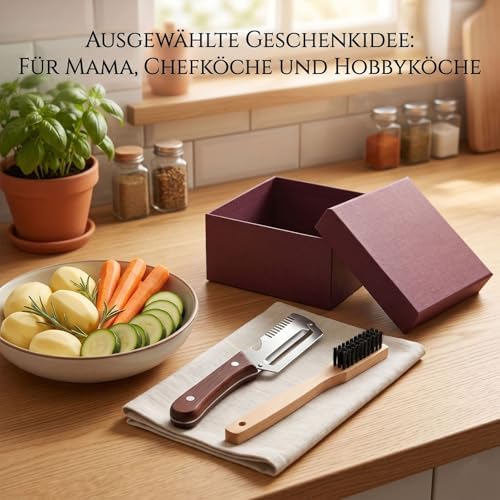 3-in-1 Peeler with Wooden Handle, Stainless Steel Blade, Multifunctional Vegetable Peeler, Julienne Slicer and Bottle Opener, Cleaning Brush