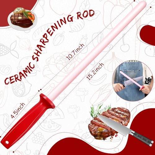 Ceramic Honing Rod for Knives, 11 Inch Knife Sharpener, Red