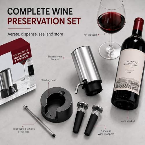 Rechargeable Electric Wine Aerator and Dispenser Set, Electric Wine Decanter with 2 Vacuum Wine Stoppers, Charging Base, Stainless Steel, Wine Pourer