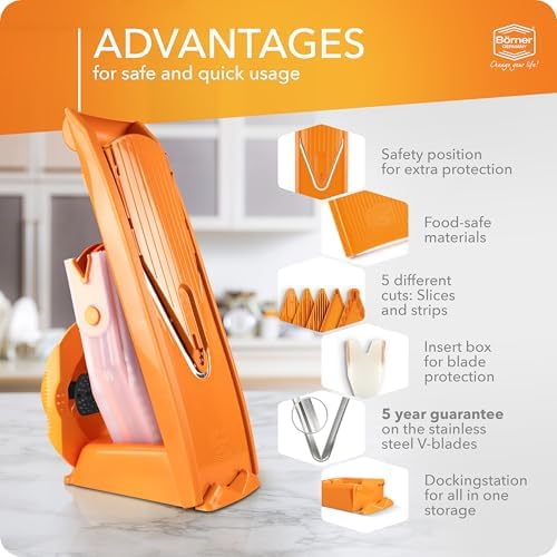 Mandoline Food Slicer Börner V1 (Profi Set) by Reston Lloyd • V-Slicer with 4 Inserts, Docking Station & Food Holder • Made in Germany • Fruit & Vegetable Chopper • Multiple Settings • Color: Orange