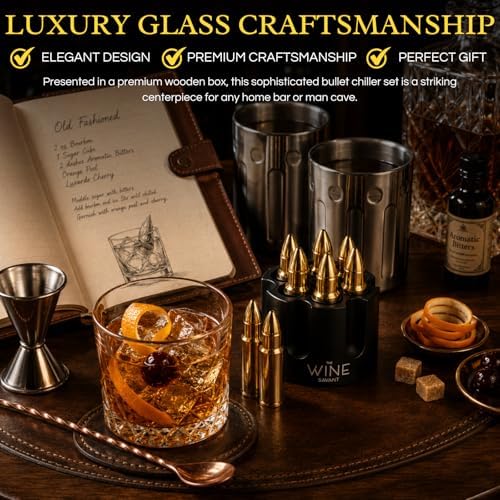 Whiskey Stones Bullets Stainless Steel with Wooden Gift Box - 1.75in Bullet Chillers Set of 6 Inside Realistic Revolver - Made with Premium Stainless Steel, Large Whiskey Chillers Rocks (Gold)