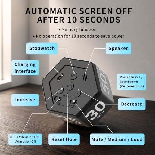 Cube Productivity Timer, 3/5/10/25/30/50 Minute Presets for ADHD