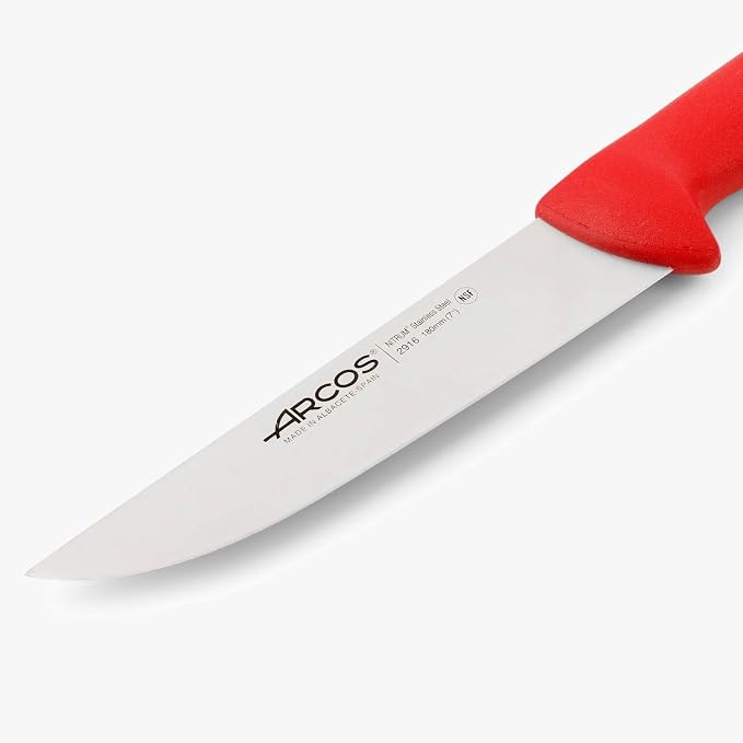 Arcos Range Butcher Knife 7 inch Nitrum Stainless Steel. Steak Knife. Polypropylene Red Handle. Color Identification System for Prolonged and Heavy Use. Series 2900. Color Red.