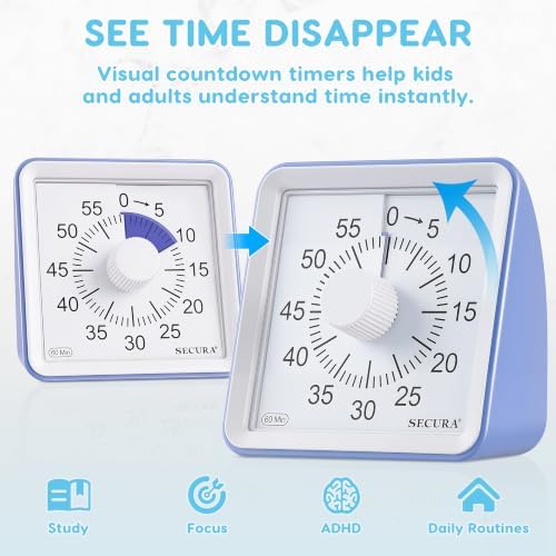 Secura Visual Timer for Kids, 60 Minute Classroom Countdown Timer for Study