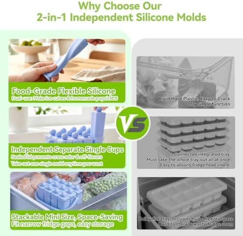 12 Individual Lidded Silicone Ice Cube Trays, Easy Release